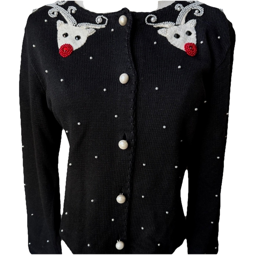 Vintage Michael Simon Reindeer Cardigan Sweater Large Beaded Pearl Christmas